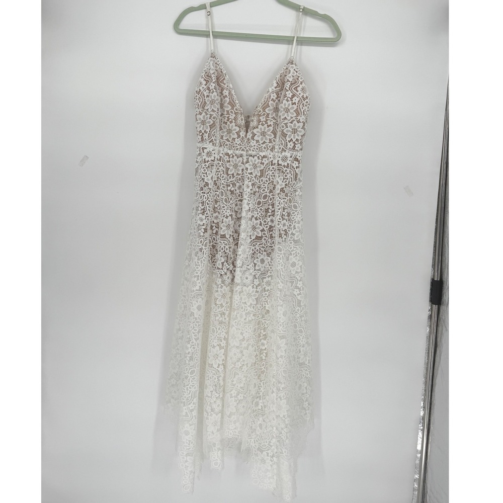 For‎ Love and Lemons White Lace Midi Dress Deep V Neck Size M Sheer Fairy Bride - Picture 5 of 16